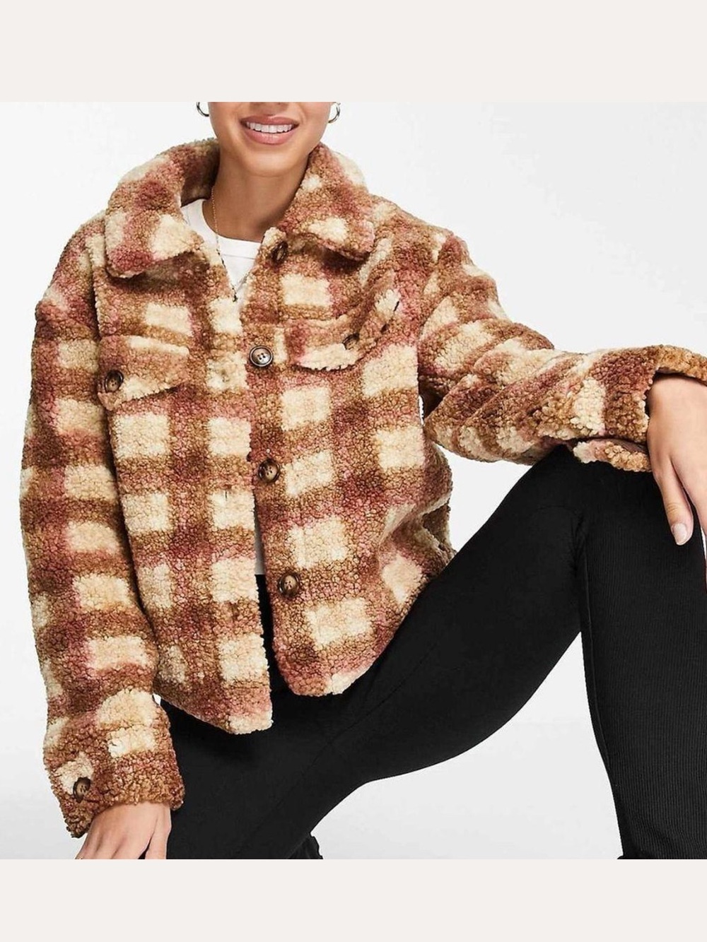 Avec Les Filles | Women’s Cream/Brown/Red Plaid Sherpa Cropped Snap Jacket Sz XS